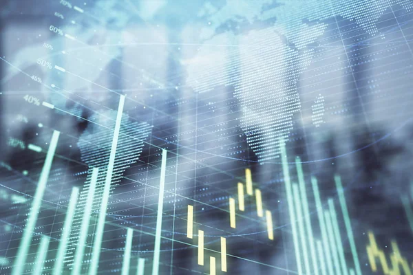 Stock och Bond Market Graph och Världskarta med Trading Desk bank Office interiör på bakgrunden. Multiexponering. Begreppet internationell finansiering — Stockfoto