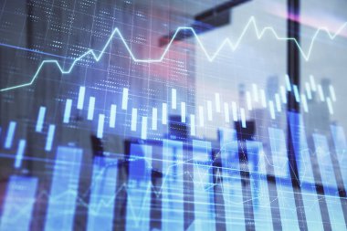 Minimalist kabine iç arka plan ile iş teması grafik hologram. Çift pozlama. Hisse senedi piyasası konsepti.