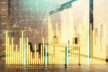 Minimalist kabine iç arka plan ile iş teması grafik hologram. Çift pozlama. Hisse senedi piyasası konsepti.