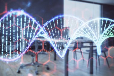 Minimalist dolap iç arka plan ile DNA hologramı. Çifte pozlama. Eğitim kavramı.