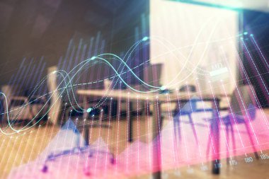 Minimalist kabine iç arka plan ile iş teması grafik hologram. Çift pozlama. Hisse senedi piyasası konsepti.