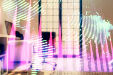 Harita ve minimalist kabine iç arka plan ile Forex grafik hologram. Çifte pozlama. Uluslararası iş kavramı.