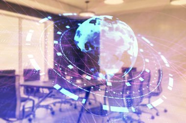 Konferans odası arka planda dünya hologram çift pozlama. Uluslararası iş konsepti