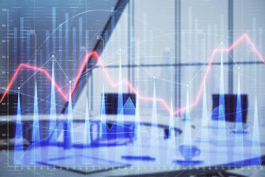 Konferans odası arka planda Forex çizelgesine çift pozlama. Hisse senedi piyasası analizi konsepti