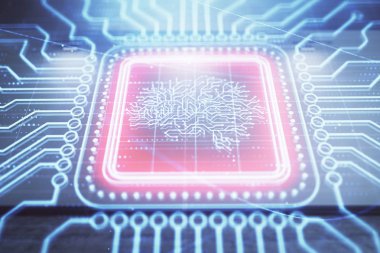 Boş oda iç arka planda beyin çizimleri hologram çift pozlama. Veri kavramı.