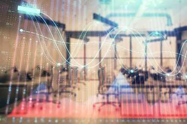 Arka planda ticaret masası banka Ofisi İç ile stok ve tahvil piyasa grafiği. Çok pozlama. Finansal analiz konsepti