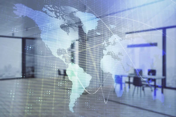 World map with trading desk bank office interior on background. Multi exposure. Concept of international finance