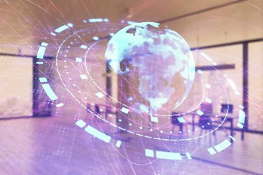 Arka planda ticaret masası banka ofisi iç dünya haritası. Çoklu pozlama. Uluslararası finans kavramı