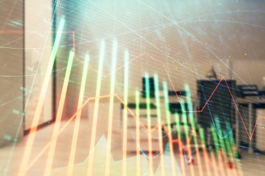 Ticaret masası banka ofisi iç arka planda stok piyasa şeması. Çift pozlama. Finansal analiz konsepti