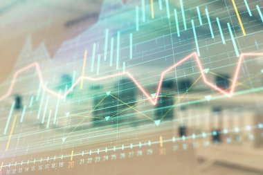 Ticaret masası banka ofisi iç arka planda stok piyasa şeması. Çift pozlama. Finansal analiz konsepti