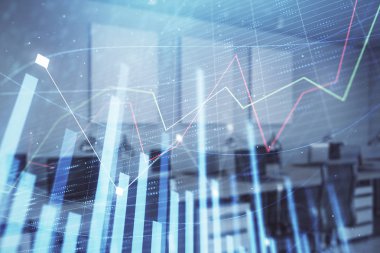 Ticaret masası banka ofisi iç arka planda stok piyasa şeması. Çift pozlama. Finansal analiz konsepti