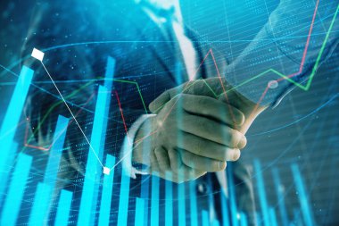 İki işadamı el sıkışması ile soyut arka planda Forex grafik Multi pozlama. Hisse senedi piyasasında başarı kavramı