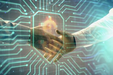 İki erkek el sıkışma ile soyut arka plan üzerinde iş grafiği çoklu pozlama. Başarı kavramı