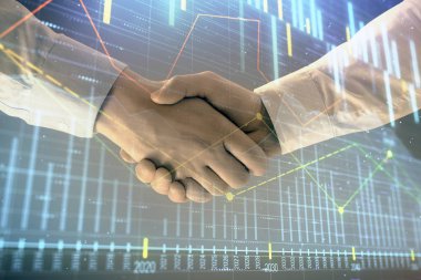 İki işadamı el sıkışması ile soyut arka planda Forex grafik Multi pozlama. Hisse senedi piyasasında başarı kavramı
