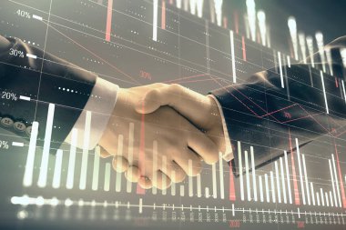 İki işadamı el sıkışması ile soyut arka planda Forex grafik Multi pozlama. Hisse senedi piyasasında başarı kavramı