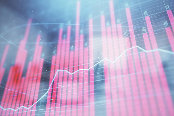 Stock market chart with trading desk bank office interior on background. Double exposure. Concept of financial analysis