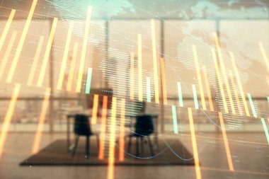 Harita ve minimalist kabine iç arka plan ile Forex grafik hologram. Çifte pozlama. Uluslararası iş kavramı.