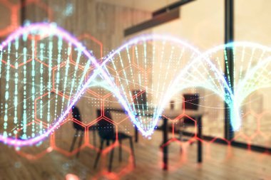 Minimalist dolap iç arka plan ile DNA hologramı. Çifte pozlama. Eğitim kavramı.