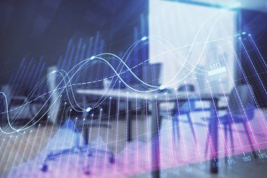 Minimalist kabine iç arka plan ile iş teması grafik hologram. Çift pozlama. Hisse senedi piyasası konsepti.