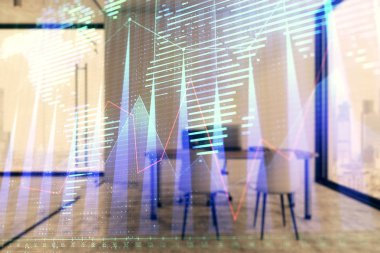 Harita ve minimalist kabine iç arka plan ile Forex grafik hologram. Çifte pozlama. Uluslararası iş kavramı.