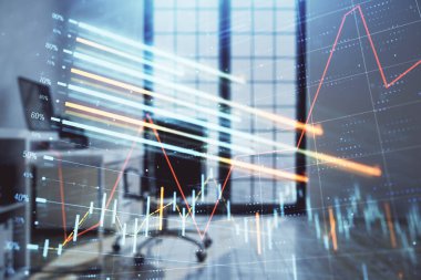 Minimalist kabine iç arka plan ile Forex grafik hologram. Çift pozlama. Hisse senedi piyasası konsepti.