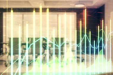 Konferans odası arka planda Forex çizelgesine çift pozlama. Hisse senedi piyasası analizi konsepti