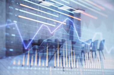 Konferans odası arka planda hisse senedi piyasası grafik Multi pozlama. Finansal analiz konsepti