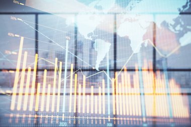 Boş oda iç arka plan üzerinde dünya haritası ile mali grafik çift pozlama. Uluslararası pazar konsepti.