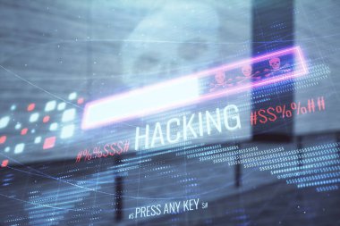 Boş dış arka planda hack tema hologram çift pozlama. Veri güvenliği kavramı