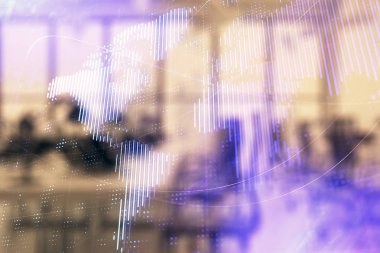 Arka planda ticaret masası banka ofisi iç dünya haritası. Çoklu pozlama. Uluslararası finans kavramı