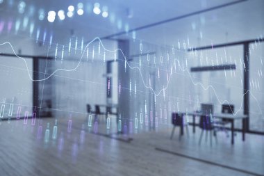 Arka planda ticaret masası banka Ofisi İç ile stok ve tahvil piyasa grafiği. Çok pozlama. Finansal analiz konsepti