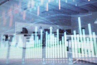 Ticaret masası banka ofisi iç arka planda stok piyasa şeması. Çift pozlama. Finansal analiz konsepti