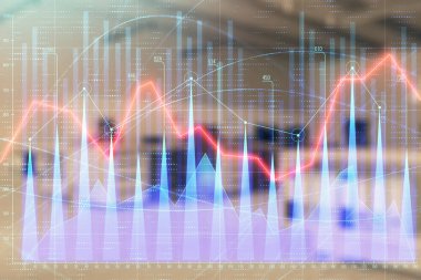 Ticaret masası banka ofisi iç arka planda stok piyasa şeması. Çift pozlama. Finansal analiz konsepti