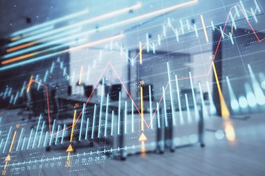 Ticaret masası banka ofisi iç arka planda stok piyasa şeması. Çift pozlama. Finansal analiz konsepti