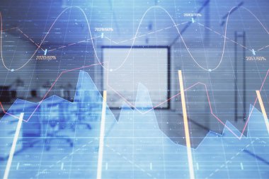 Ticaret masası banka ofisi iç arka planda stok piyasa şeması. Çift pozlama. Finansal analiz konsepti