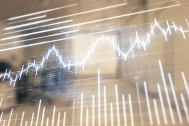 Ticaret masası banka ofisi iç arka planda stok piyasa şeması. Çift pozlama. Finansal analiz konsepti