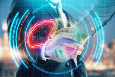 El sıkışma ile şehir görünümü arka plan çizim insan beyninin çift pozlama. Beyin fırtınası kavramı