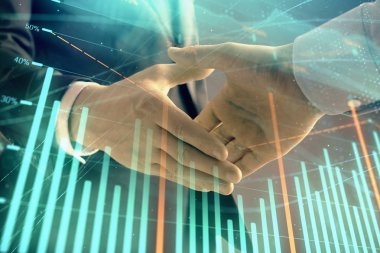 İki işadamı el sıkışması ile soyut arka planda Forex grafik Multi pozlama. Hisse senedi piyasasında başarı kavramı