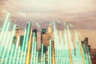 Şehir veiw arka planda mali grafik çift pozlama. Hisse senedi piyasası araştırma ve analiz kavramı