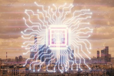 Moskova şehir manzarası arka planını çizen insan beyninin çifte maruziyeti. Veri analizi kavramı