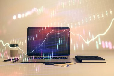 Masaüstü Ofis bilgisayar arka plan ile Forex grafik hologram. Çift pozlama. Finansal analiz konsepti.