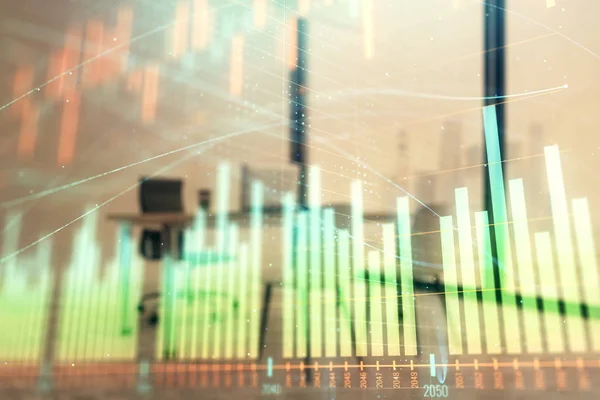 Forex diagram hologram med minimalistiskt skåp interiör bakgrund. Dubbel exponering. Aktiemarknads koncept. — Stockfoto