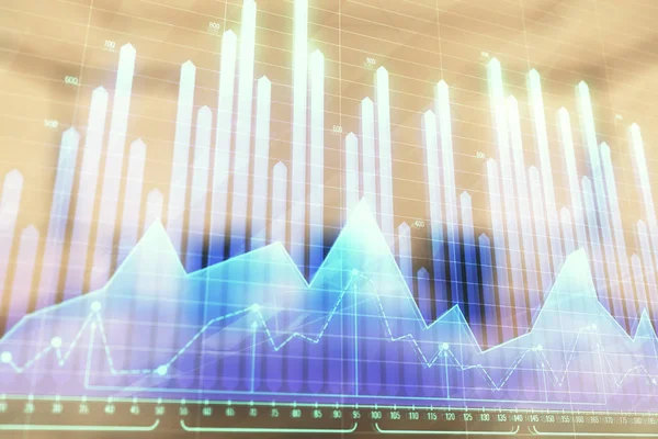 Gráfico de exposición múltiple del mercado de valores en el fondo de la sala de conferencias. Concepto de análisis financiero — Foto de Stock