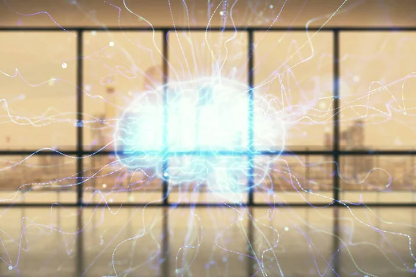 Podwójna ekspozycja rysunki mózgu hologram na puste wnętrze pomieszczenia. Koncepcja danych. — Zdjęcie stockowe
