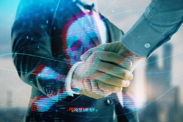 Multi-Belichtung des digitalen Kriminalitätsthemas Hologramm auf Stadtansichten Hintergrund mit zwei Personen Handschlag. Verbriefungskonzept — Stockfoto