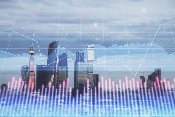 Multi exposure of financial chart on Moscow city downtown background. Concept of stock market analysis