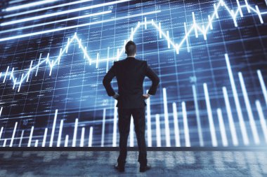 İşadamı ve forex grafik hologramı. Çifte pozlama. Finansal eğitim ve analiz kavramı