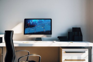 Bilgisayar ekranında finansal grafikler ve grafikler ile kabine masaüstü iç. Hisse senedi piyasası analizi ve ticaret kavramı. 3B işleme.