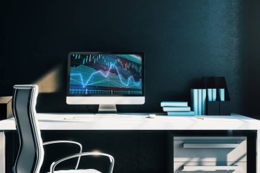 Bilgisayar ekranında finansal grafikler ve grafikler ile kabine masaüstü iç. Hisse senedi piyasası analizi ve ticaret kavramı. 3B işleme.