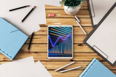 Dijital tablet ekranda mali grafik ile üst görünüm çekim. Online işlem uygulama konsepti. 3B işleme.